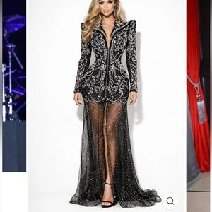 Black Rhinestone Beaded Illusion Blazer Dress Sheer Mesh Train Glam Costume M